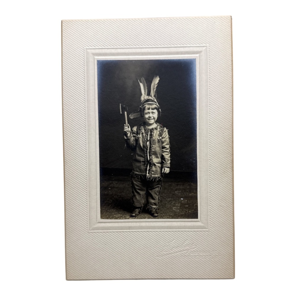 Antique 1911 Child Studio Portrait Photo Headdress Tomahawk Bridgeport CT Seeley